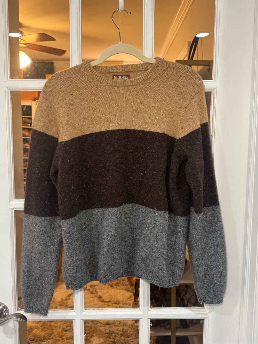 Michael Kors Lambswool Colorblock Crewneck Sweater - Camel, Brown, Gray